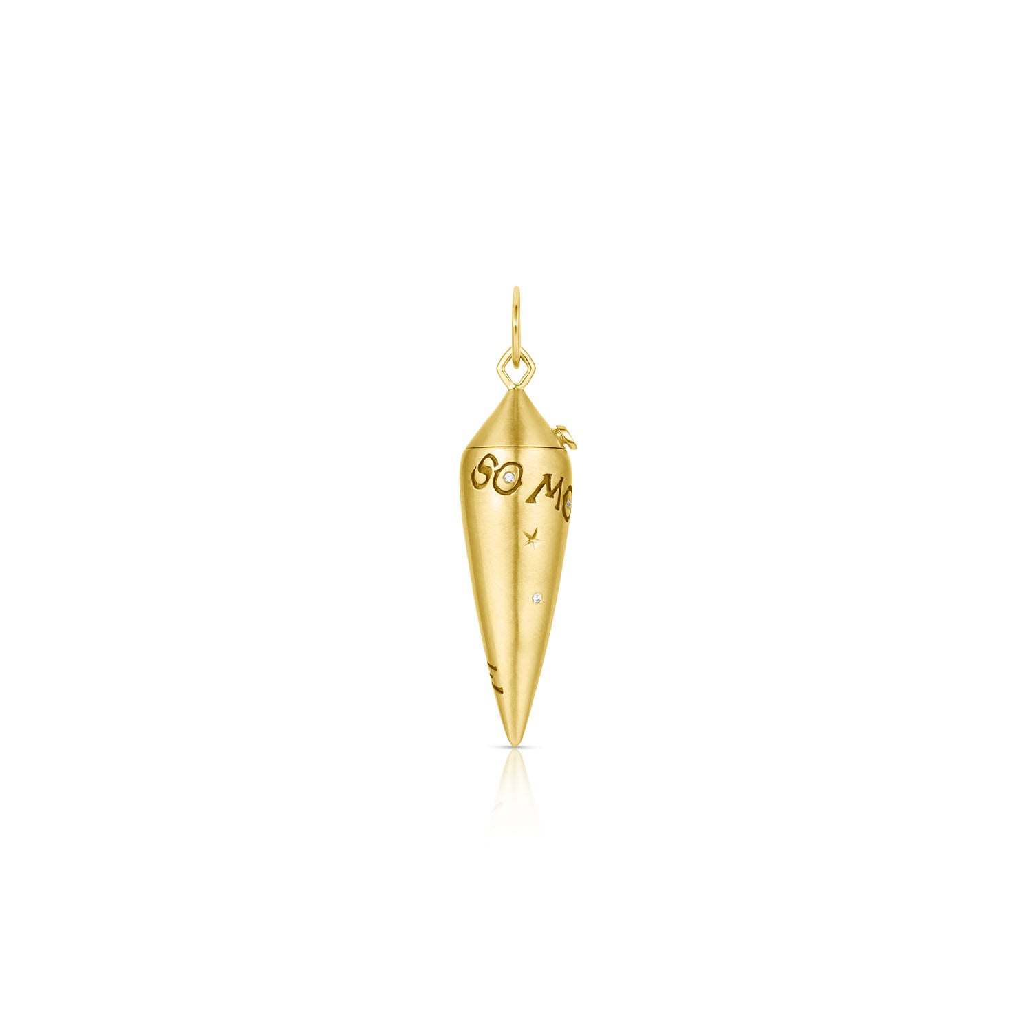 So Mote It Be Pendulum, an 18k gold locket vessel with the old sealing words spiraling the gold