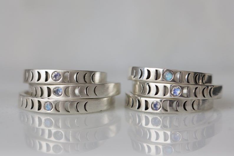 12th HOUSE moon phase rings > stacking rings > wedding bands > gender neutral bands > rose cut diamond ring > promise rings >lunar phase ring > moon ring > phases of the moon ring Bisclavret moon phase ring in silver | Rainbow Moonstone