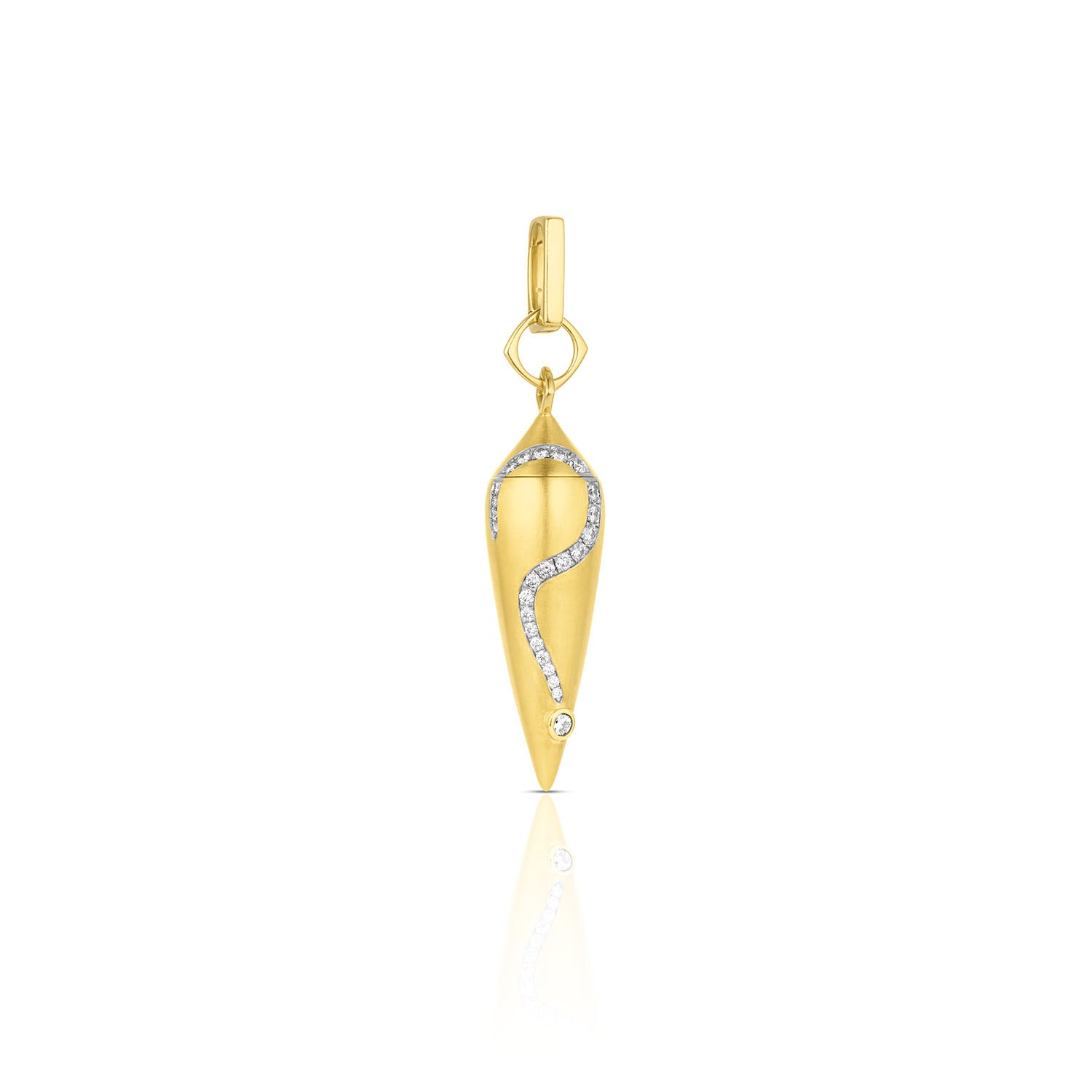 Ask Me Pendulum, an 18k gold locket vessel with a line of diamonds curving into a question