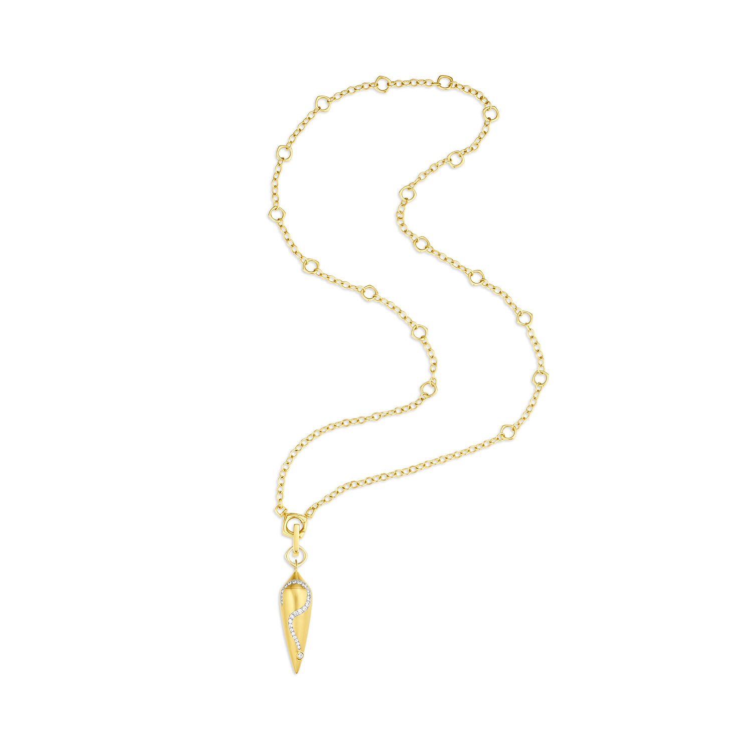Ask Me Pendulum, an 18k gold locket vessel with a line of diamonds curving into a question
