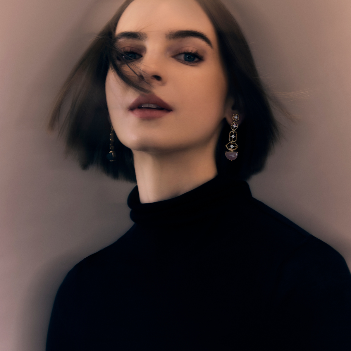 12th HOUSE fine jewelry, Midheaven Drop Earrings, diamonds and chalcedony on model 
