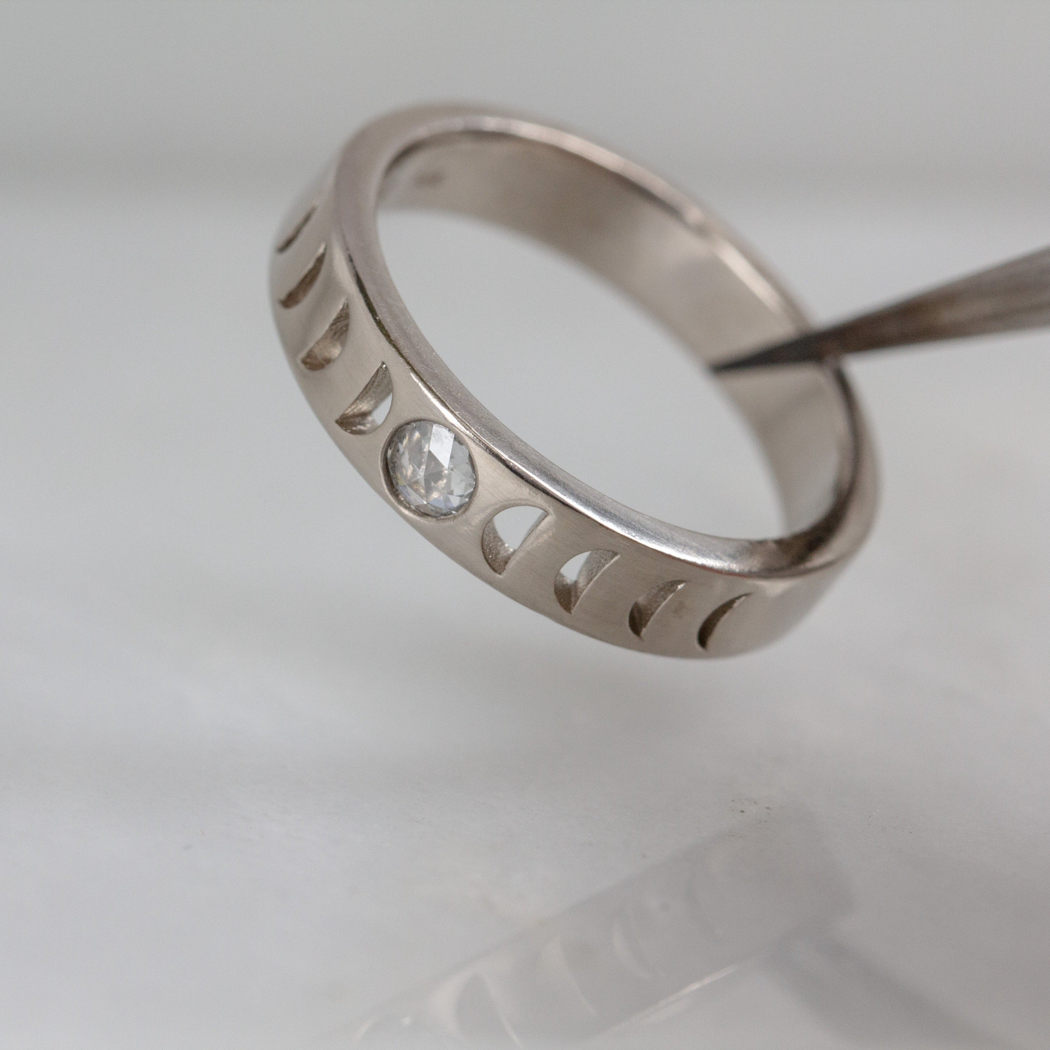 Moon Phase Rings moon phase rings > stacking rings > wedding bands > gender neutral bands > rose cut diamond ring > promise rings >lunar phase ring > moon ring > phases of the moon ring 6 / 14k white gold palladium Moon Phase Ring | 4mm wide | precious white