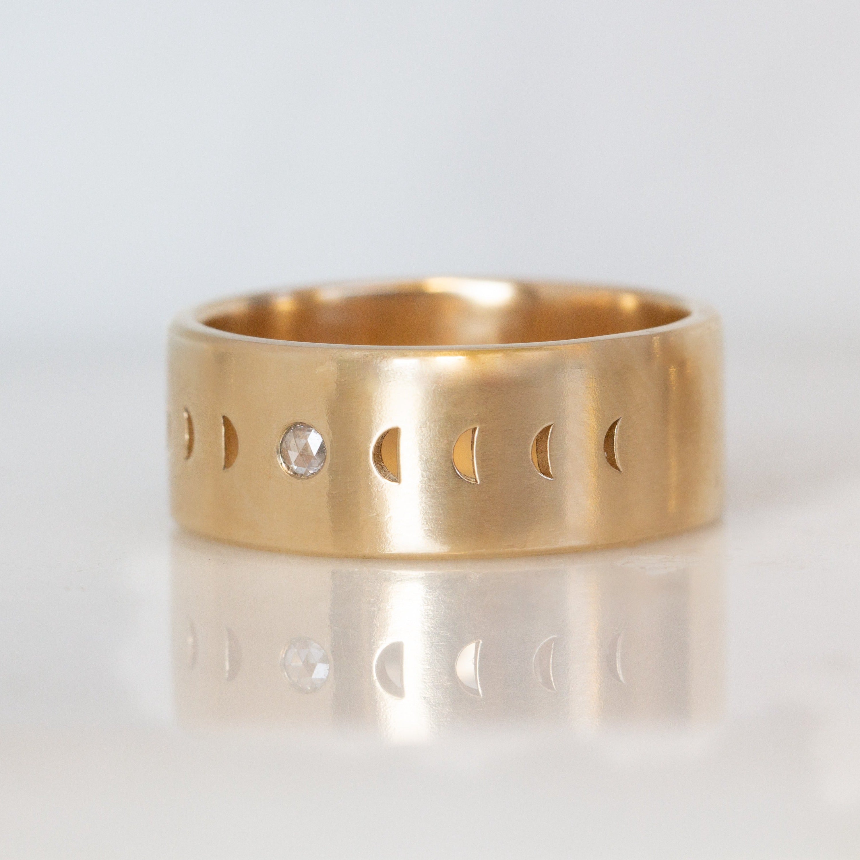 Bisclavret Moon phase Matching Band Set, Wedding band set, Ethical Rose Cut Diamond Wedding ring, Moon phase Wedding rings, 12th HOUSE JEWELRY, engagement rings made by hand, ethically sourced jewelry, custom made in the US jewelry, astrology, 12th house meaning, 12th house astrology, Kelly Lannen, Kelly Star Lannen, solid gold rings, rose cut diamonds, indie wedding, alternative wedding 