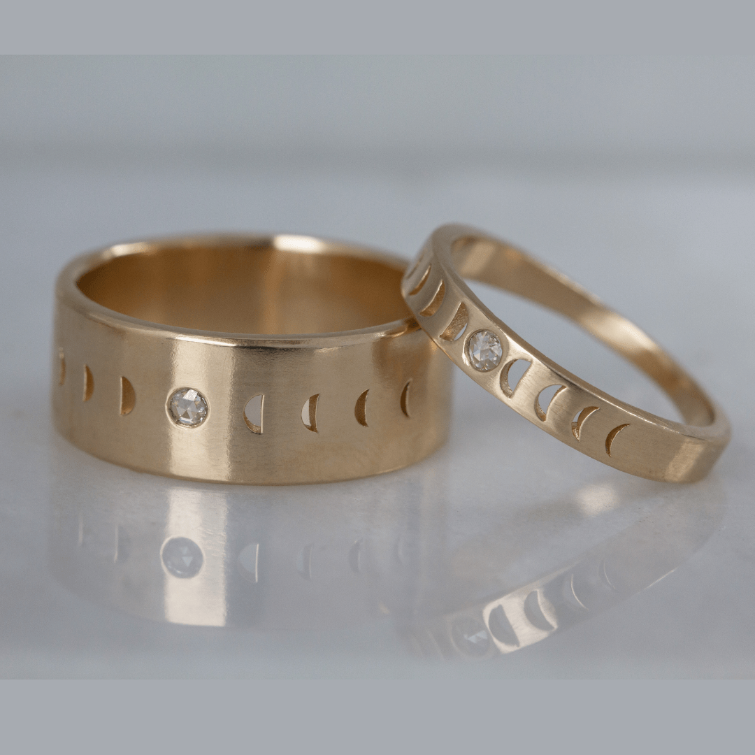 Moon Phase Rings moon phase rings > stacking rings > wedding bands > gender neutral bands > rose cut diamond ring > promise rings >lunar phase ring > moon ring > phases of the moon ring Eclipse Moon phase band | gender neutral wide band | white diamond