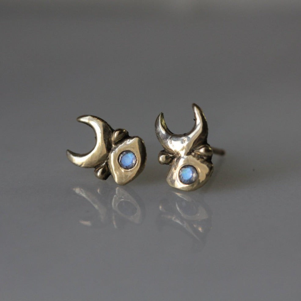 kelly star lannen, 12th house jewelry, ceremonial and celestial jewelry, sustainable jewelry, jewelry sculptor in NYC, handmade jewelry in NYC, bridesmaids gifts, Inanna Studs in 14k Yellow Gold with Rainbow Moonstone, Crescent Moon studs, Dainty Gold Moon jewelry, June Birthstone